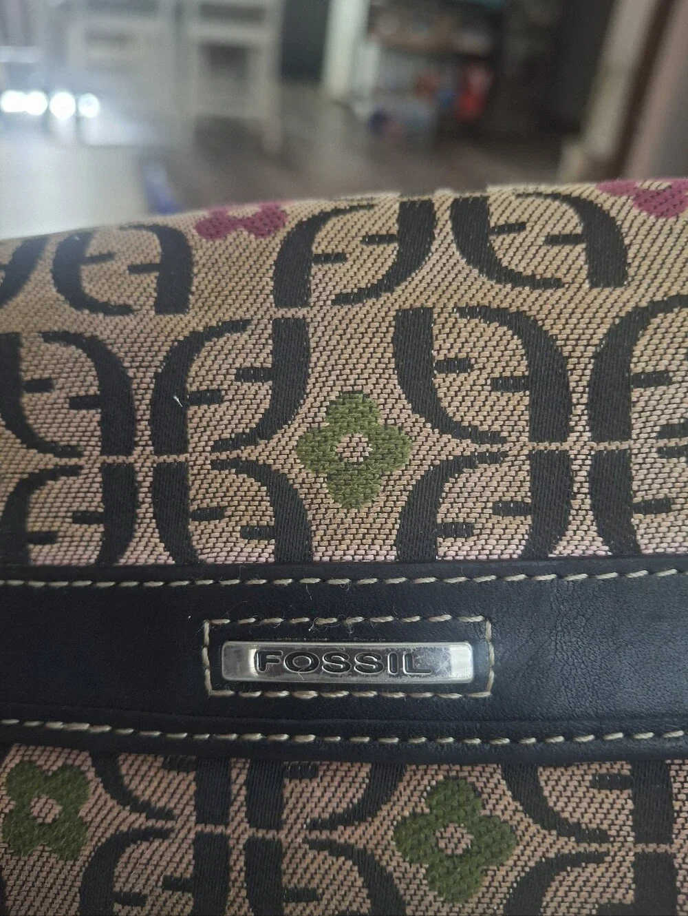 Fossil Patterned Trifold Wallet in Pink and Black